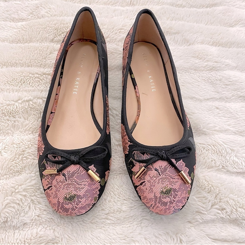 Kelly & Katie Pink and Black Ballet Flats Floral Embroidered Boho Shoes Size 6 - Picture 2 of 12